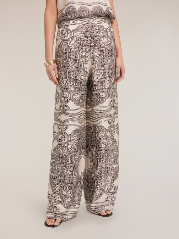 Pantaloni palazzo din satin de viscoză imprimat