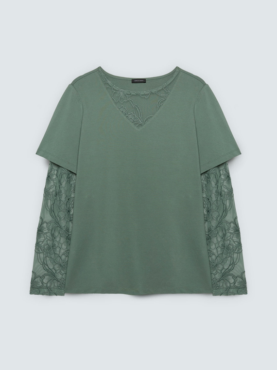 T-Shirt mit &Auml;rmeln und Spitzenausschnitt