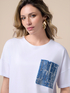 Tricou cu buzunar din denim și paiete image number 2