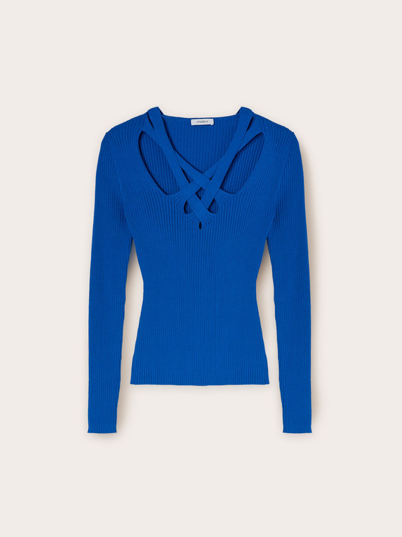 Ribbed sweater with knitted neckline