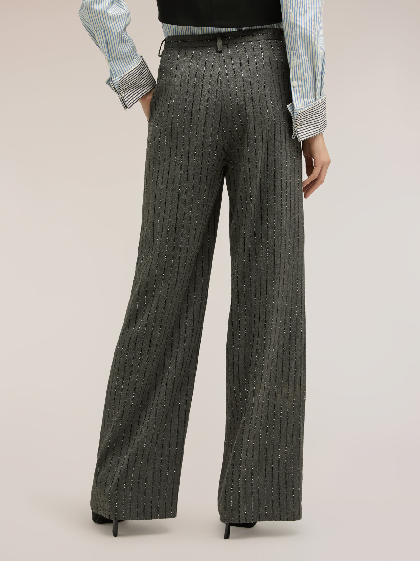 Pantalon palazzo &agrave; rayures avec micro paillettes image number 1