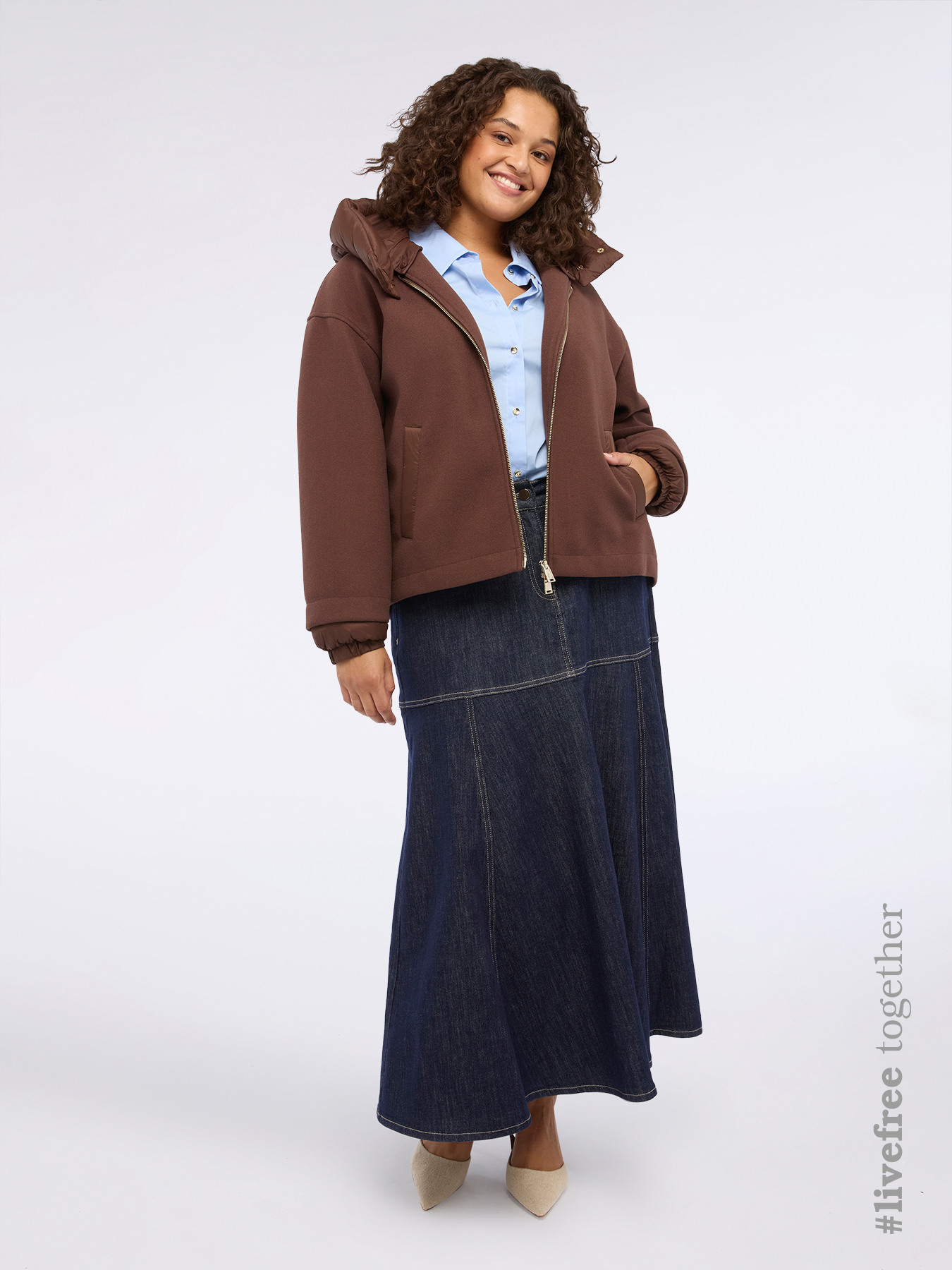 Two-material jacket with hood and zip image number 0