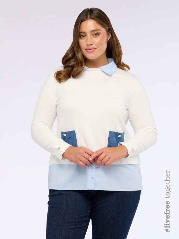 Pull bimatière avec poches en denim