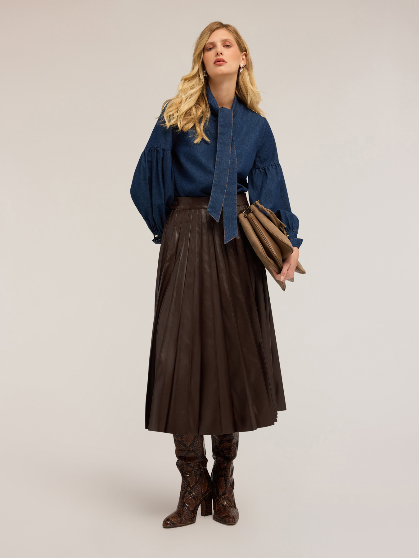 Denim shirt with a scarf collar image number 0