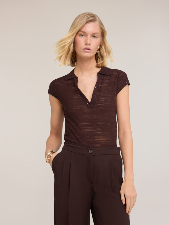Knit polo with sequin trim