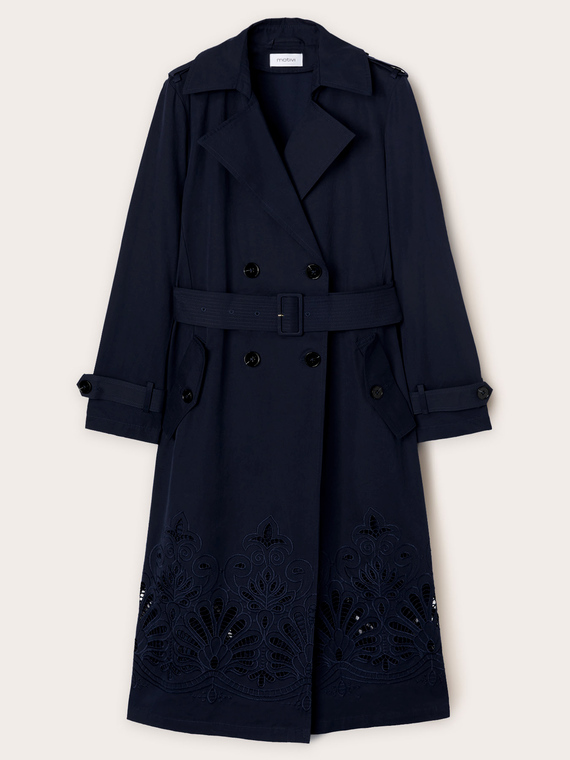 Double-breasted trench coat in technical fabric with embroidery