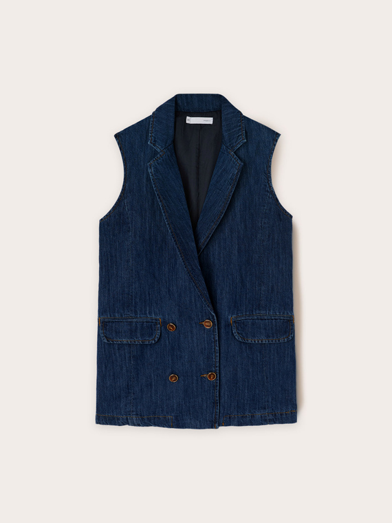Doppelreihige Oversize-Weste aus Denim-Leinen-Mischgewebe