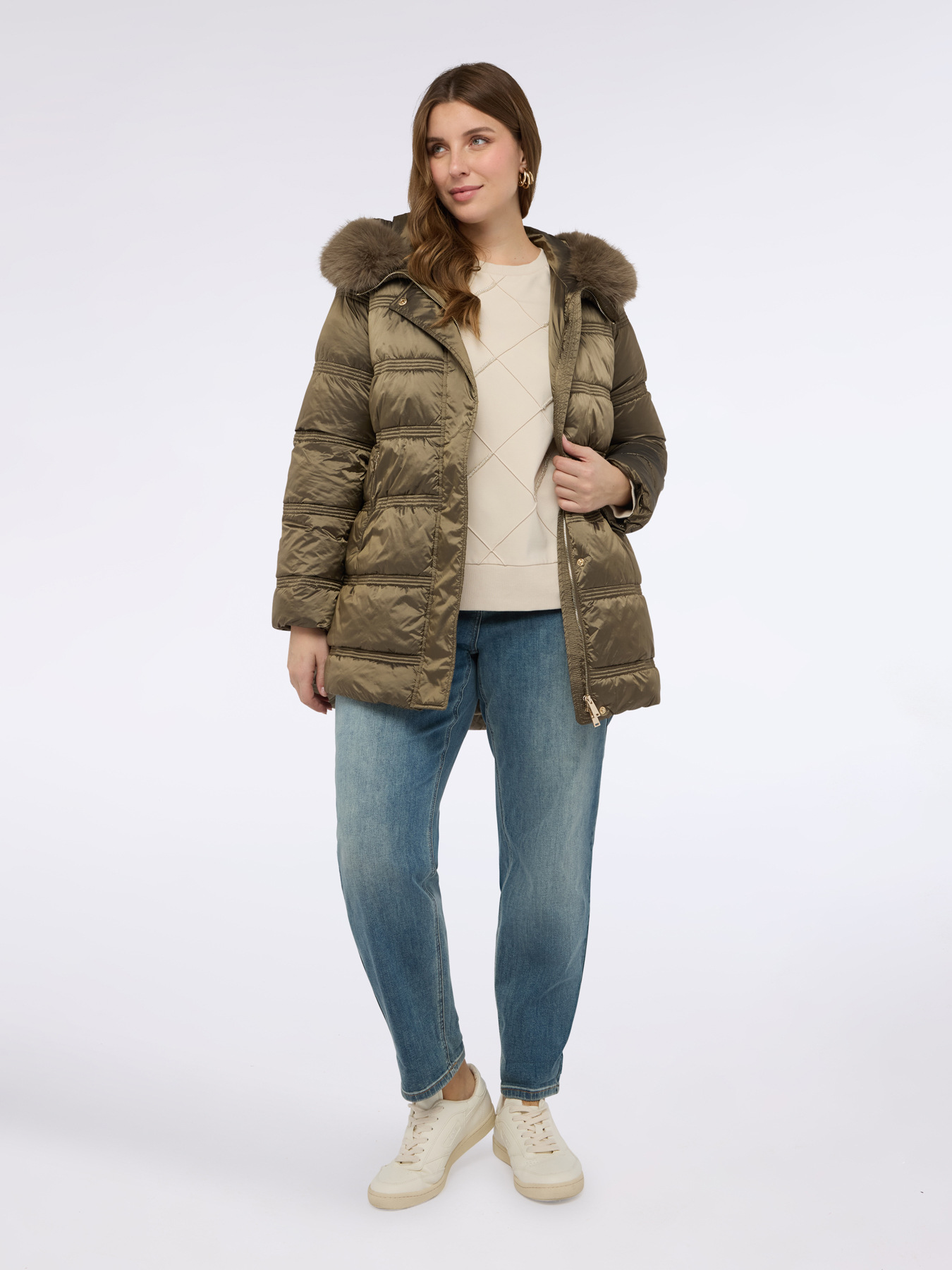 Down jacket with hood and plush trim image number 3