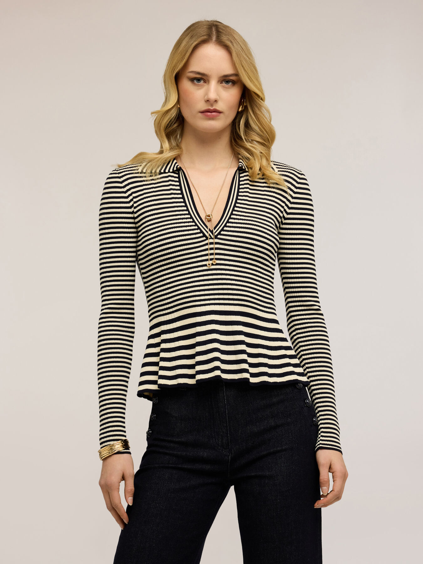 Striped sweater with peplum image number 0