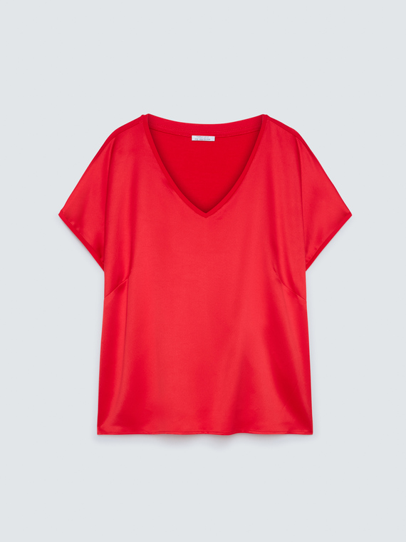 T-shirt bimaterica con scollo a V