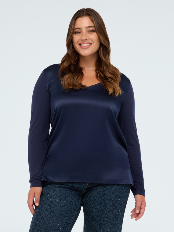 T-shirt bimaterica con scollo a V e maniche lunghe
