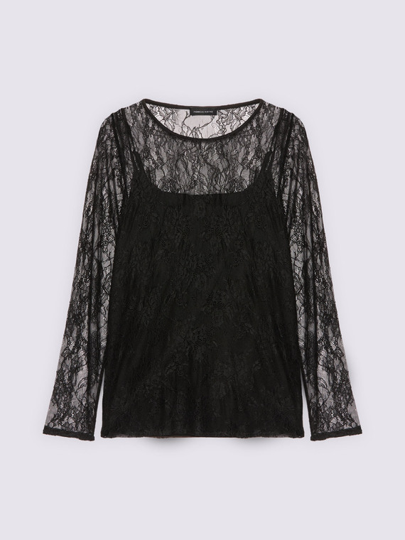 T-shirt in pizzo con maniche lunghe
