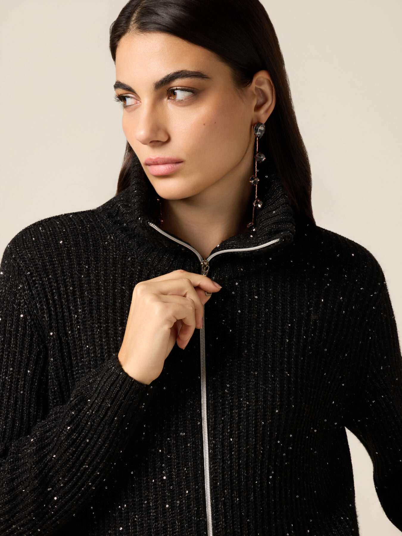 Cardigan con zip e micro paillettes image number 2