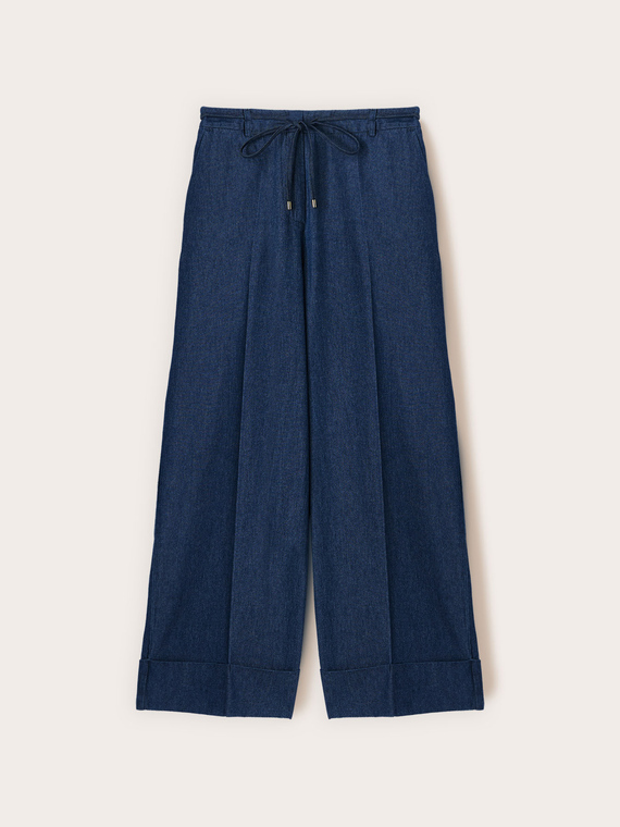 Jeans cropped palazzo cu șnur