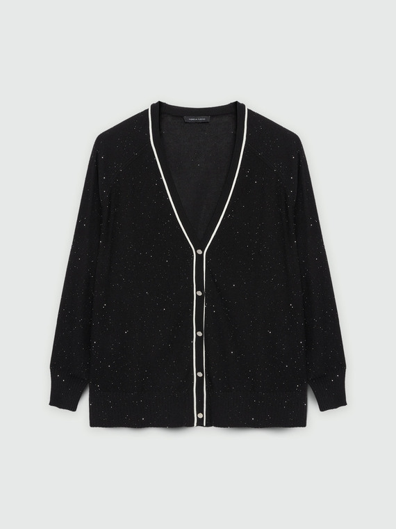 Cardigan mit weißen Bordüren und Mikro-Pailletten