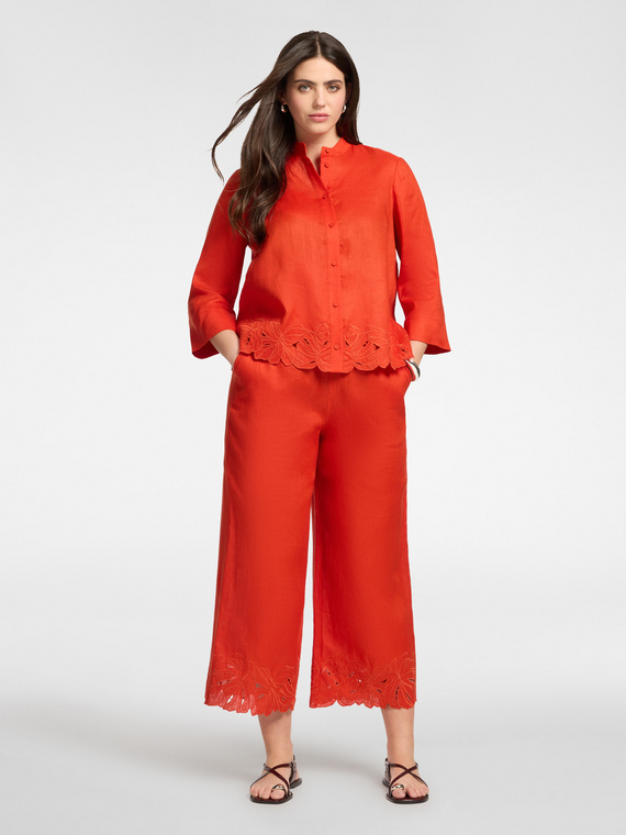 Pantaloni in lino con bordi ricamati