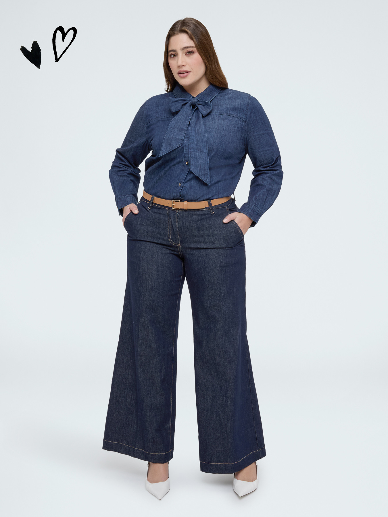 Camicia in denim con fiocco/cravatta image number 0