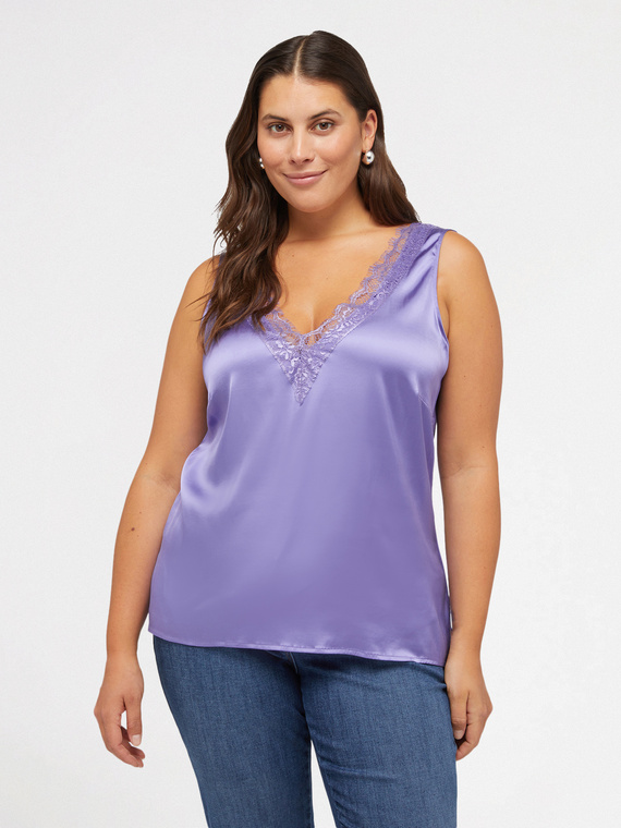 Top in raso con scollo a V in pizzo