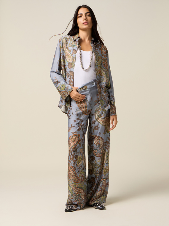 Pantaloni palazzo din satin cu imprimeu