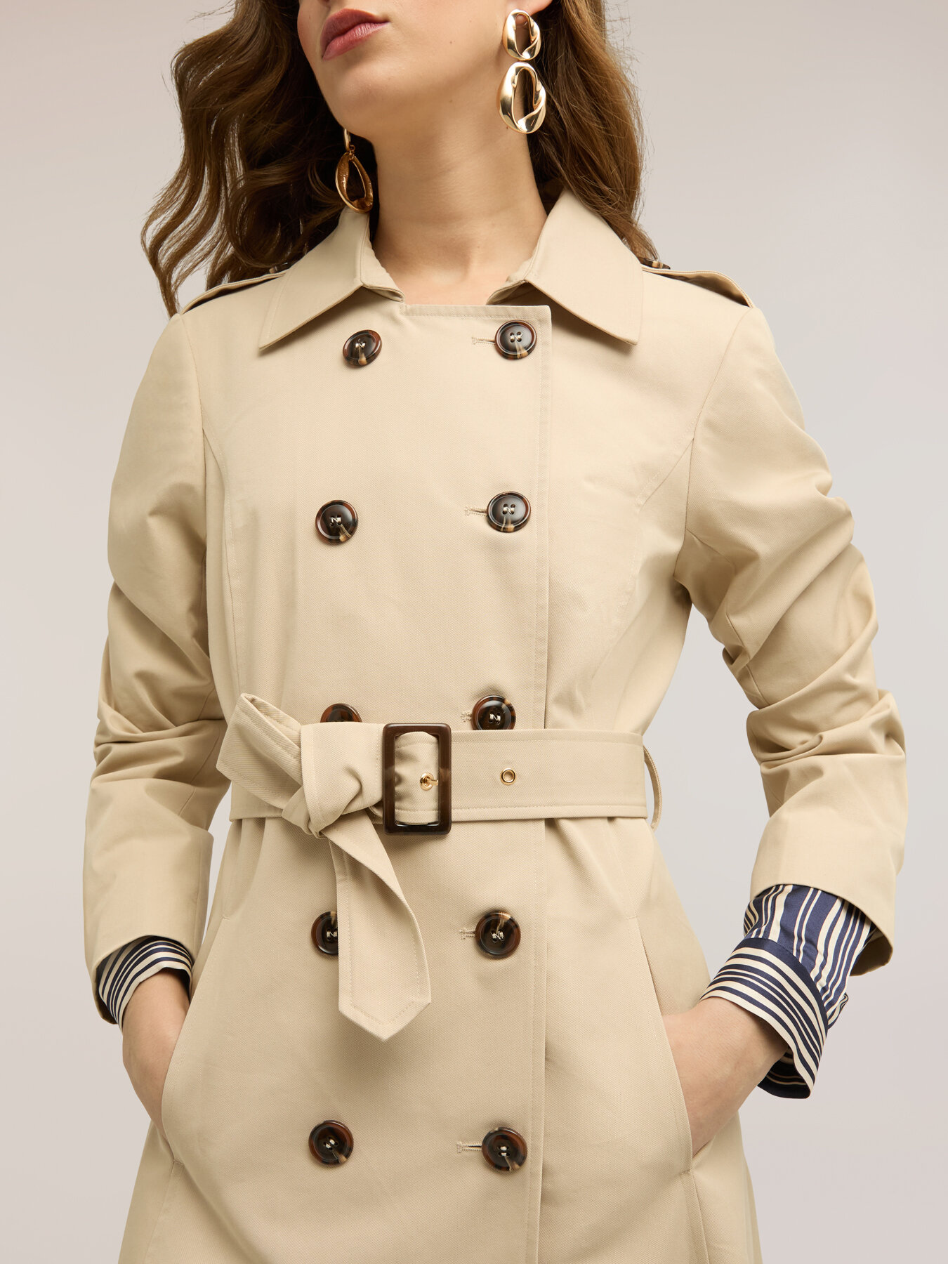Mixed cotton drill trench coat with double belt image number 1