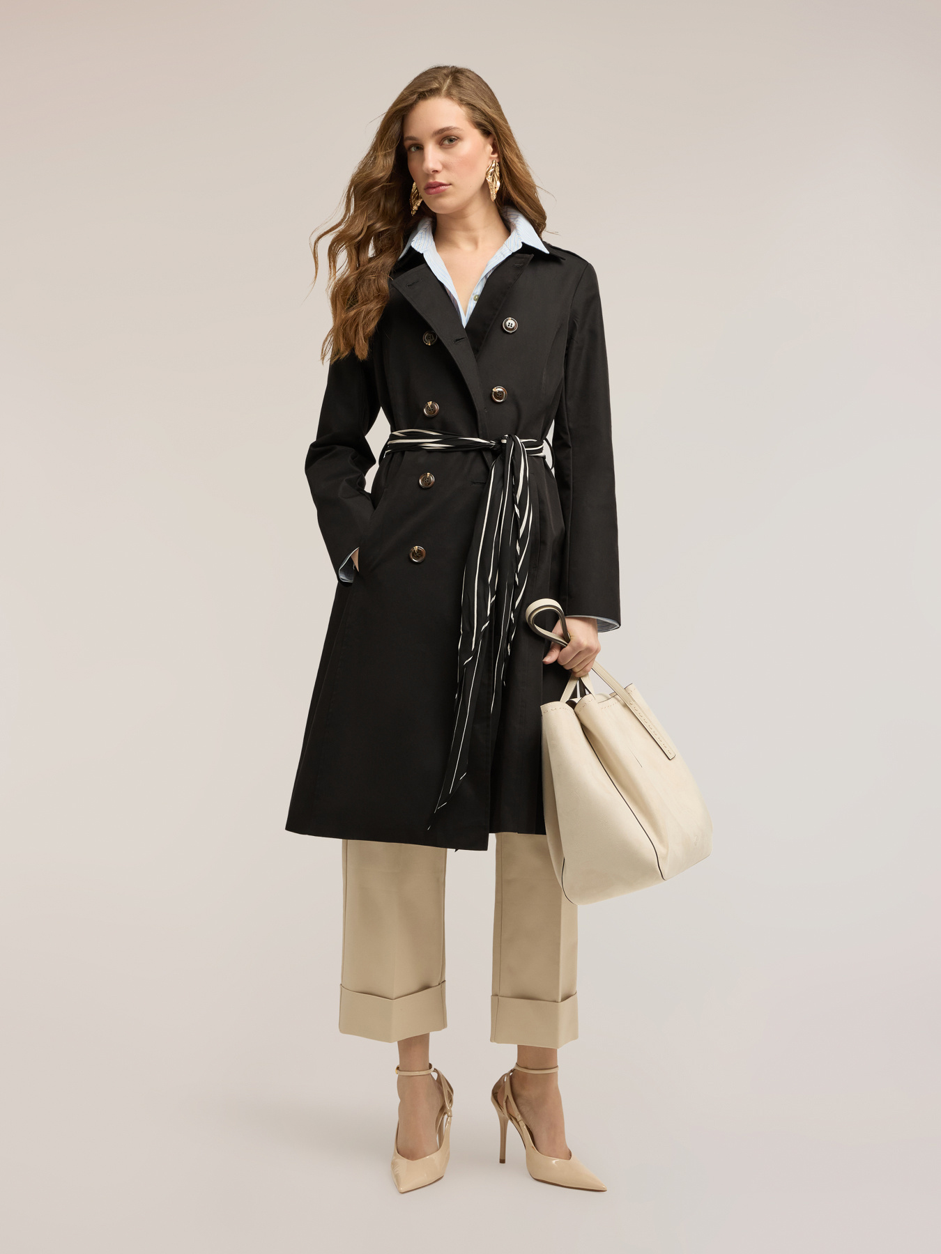 Mixed cotton drill trench coat with double belt image number 2