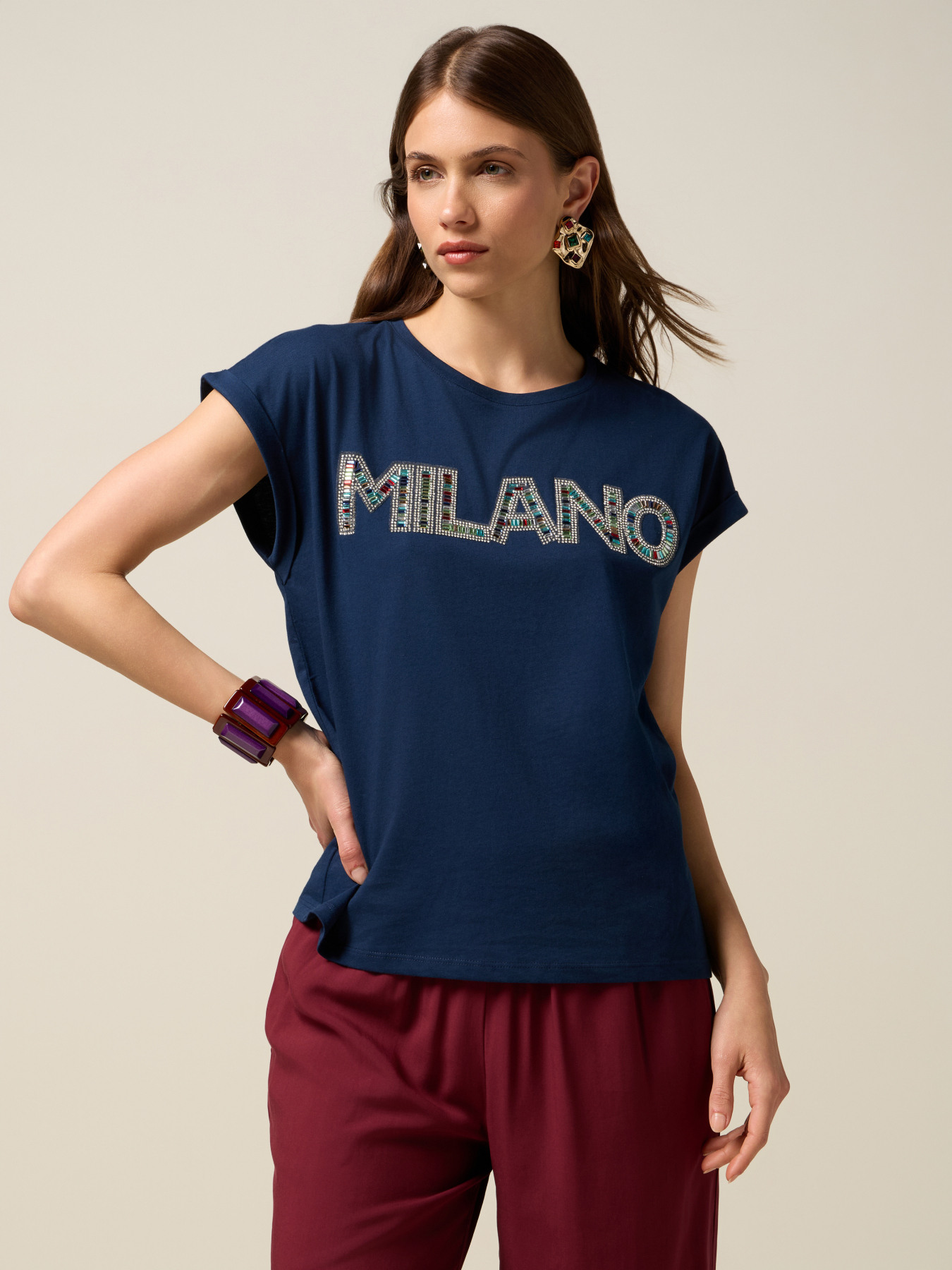 Jersey T-shirt with lettering embroidery image number 0
