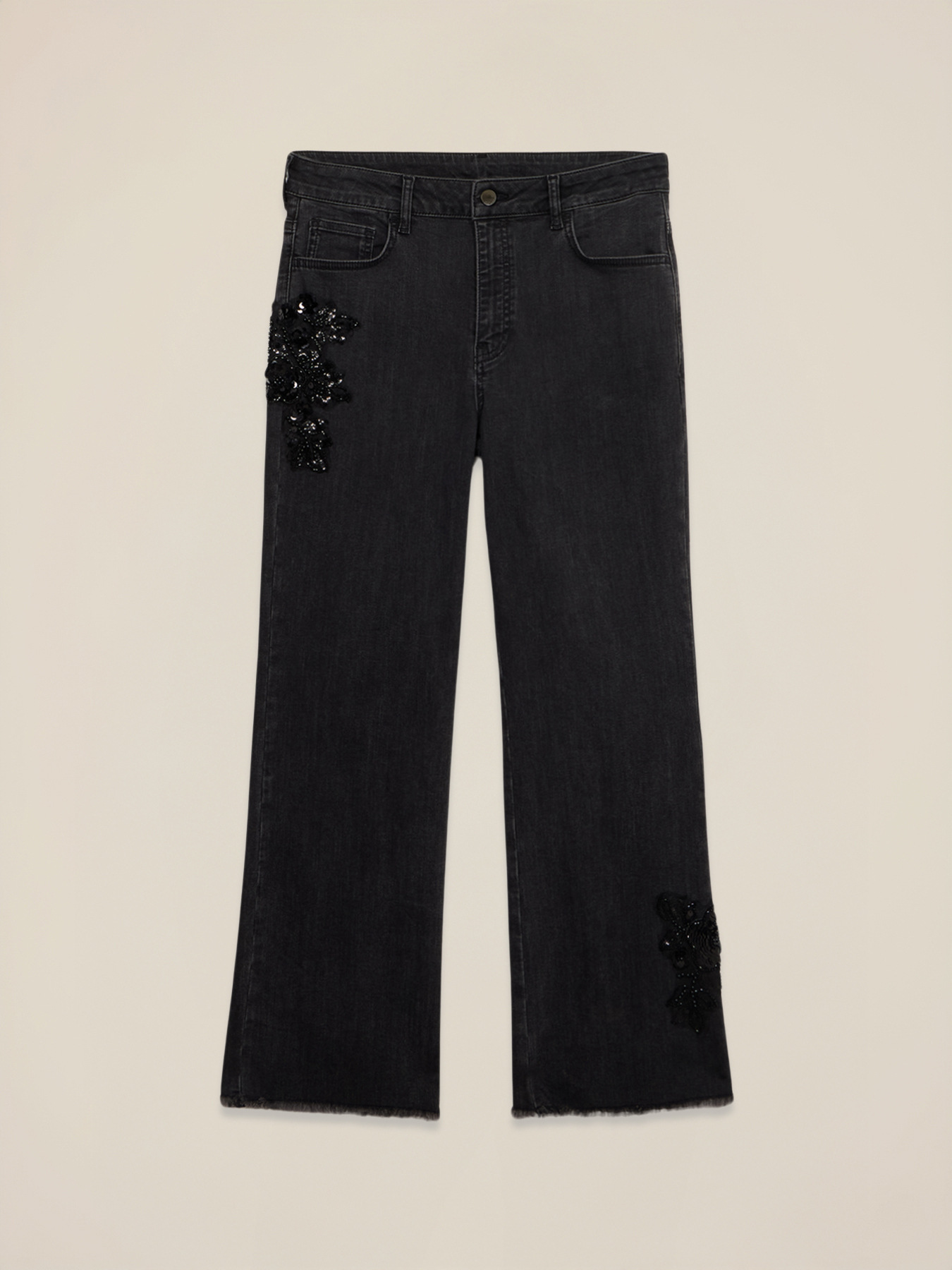 Cropped wide jeans in denim with decorative patch image number 4