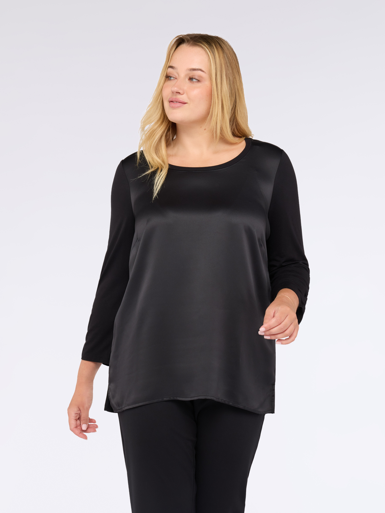 Two-material T-shirt with three-quarter sleeves in satin and jersey image number 0