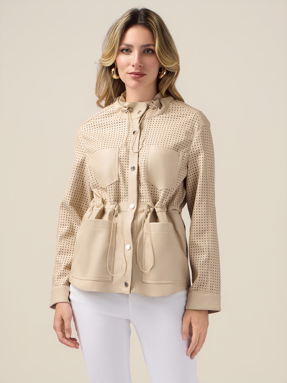 Short parka with laser-cut parts