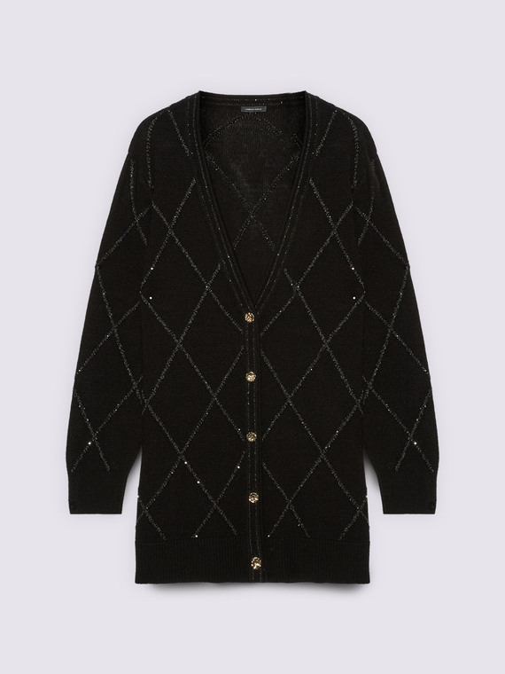 Knitted cardigan with diamond pattern and sequins