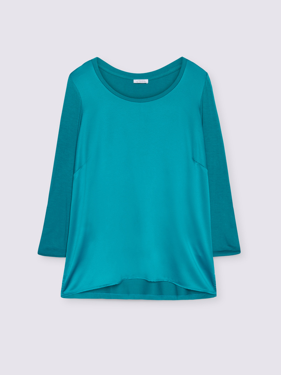 Two-material T-shirt with three-quarter sleeves in satin and jersey