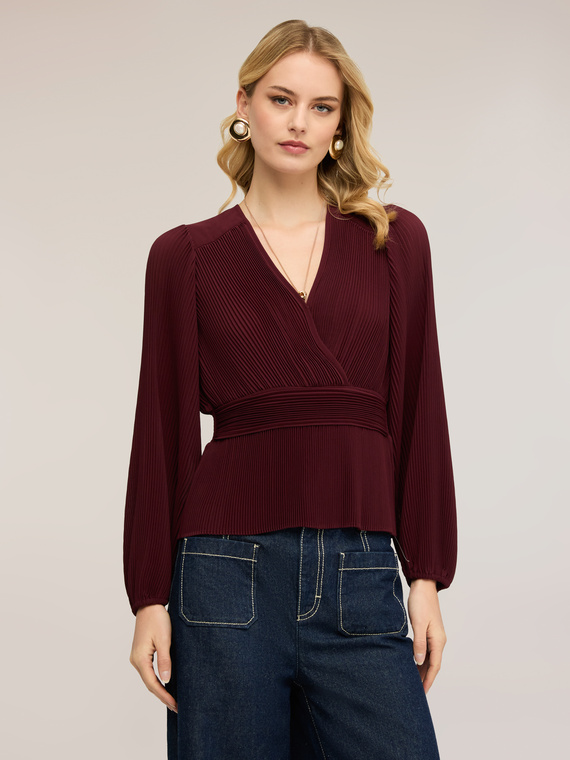 Pleated georgette blouse with V-neck