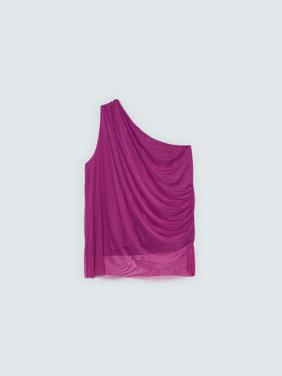 One-shoulder draped tulle top