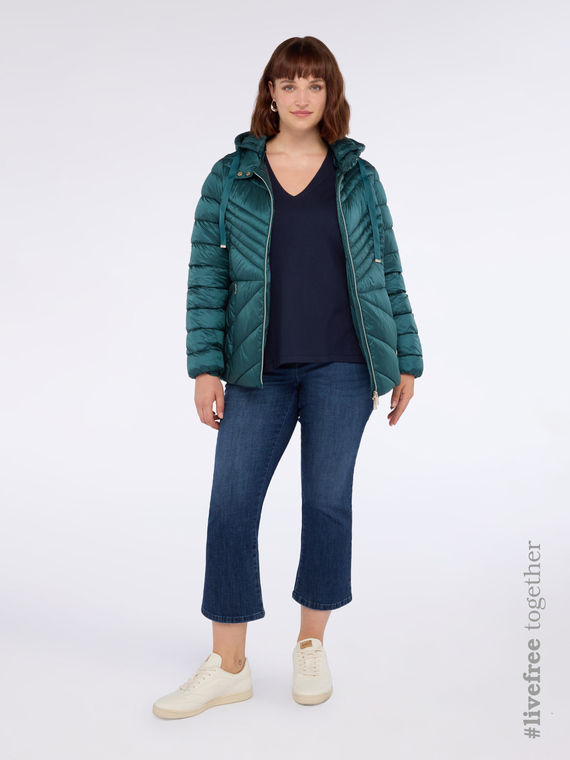 Quilted down jacket with chevron pattern and hood