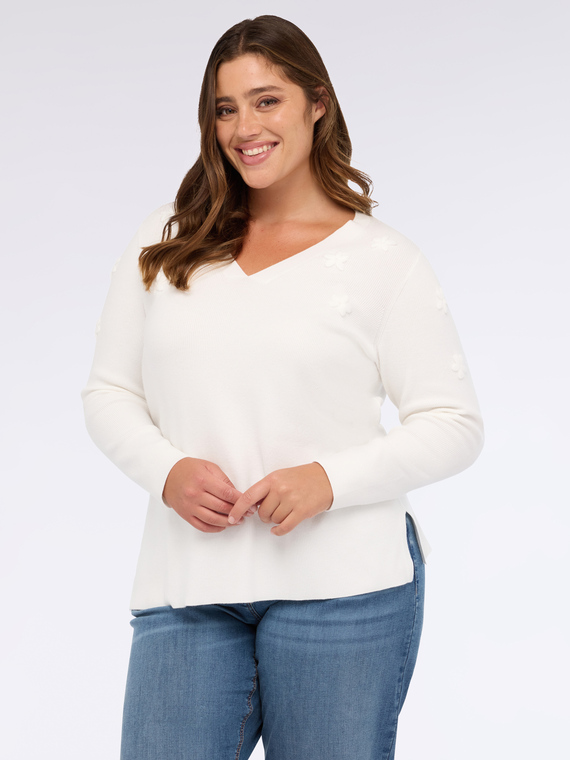 Pull &agrave; col en V avec broderie florale