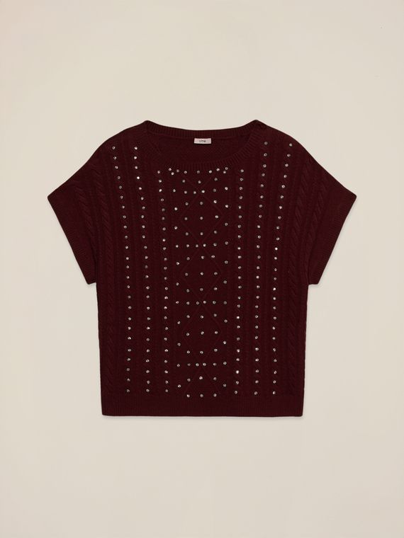 Maglia misto cashmere maniche corte con castoni