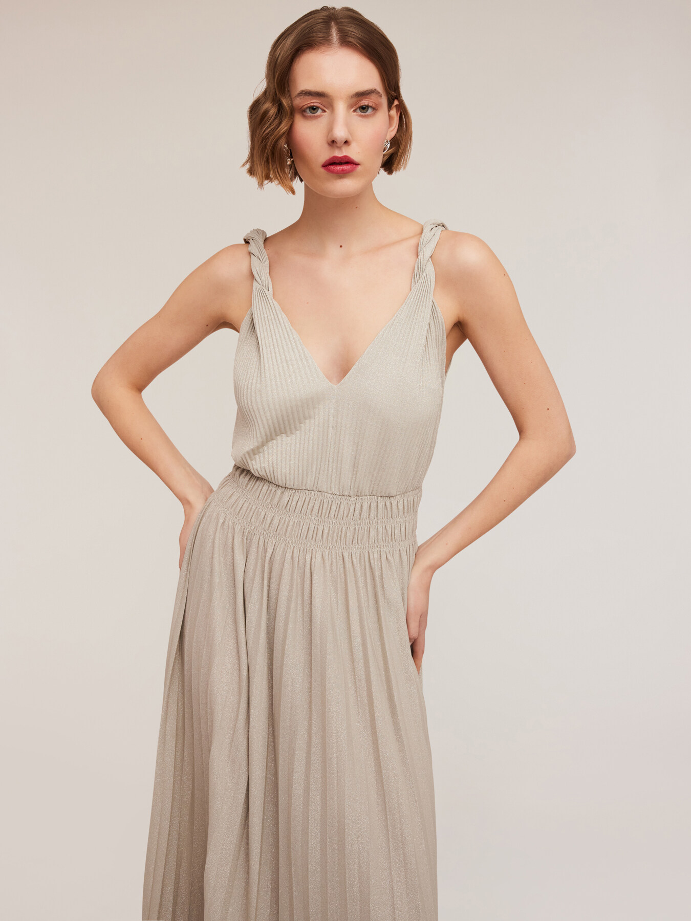 Long pleated lurex jersey dress image number 2