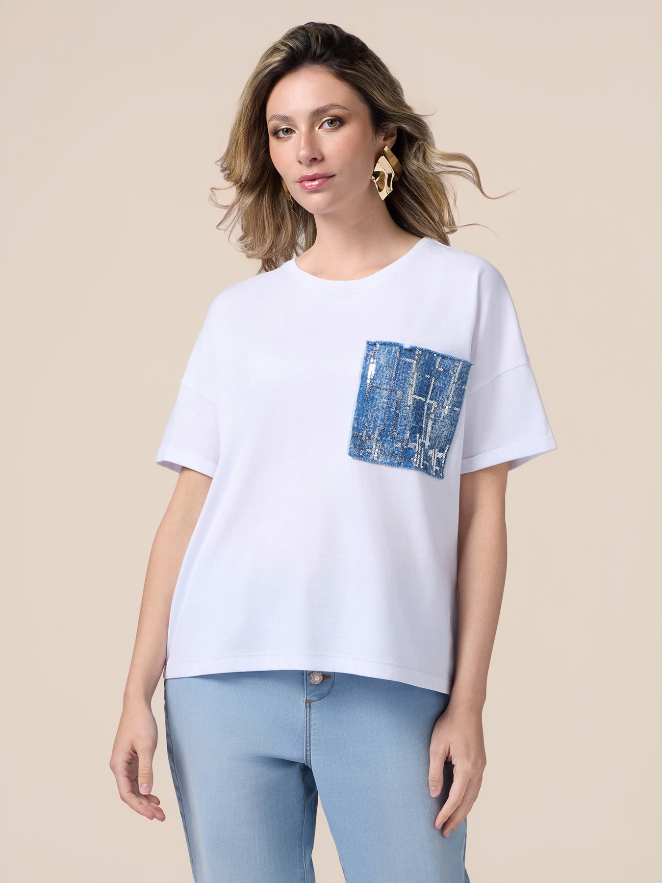 Tricou cu buzunar din denim și paiete image number 0