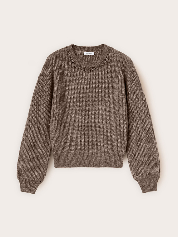 Rippenstrick-Pullover aus Wollmischung mit Steinen