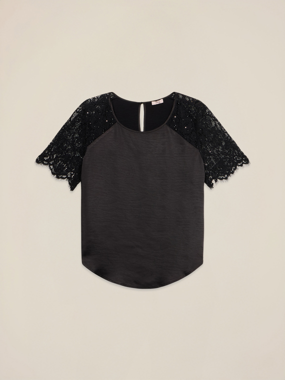 Blusa in raso con parti in pizzo