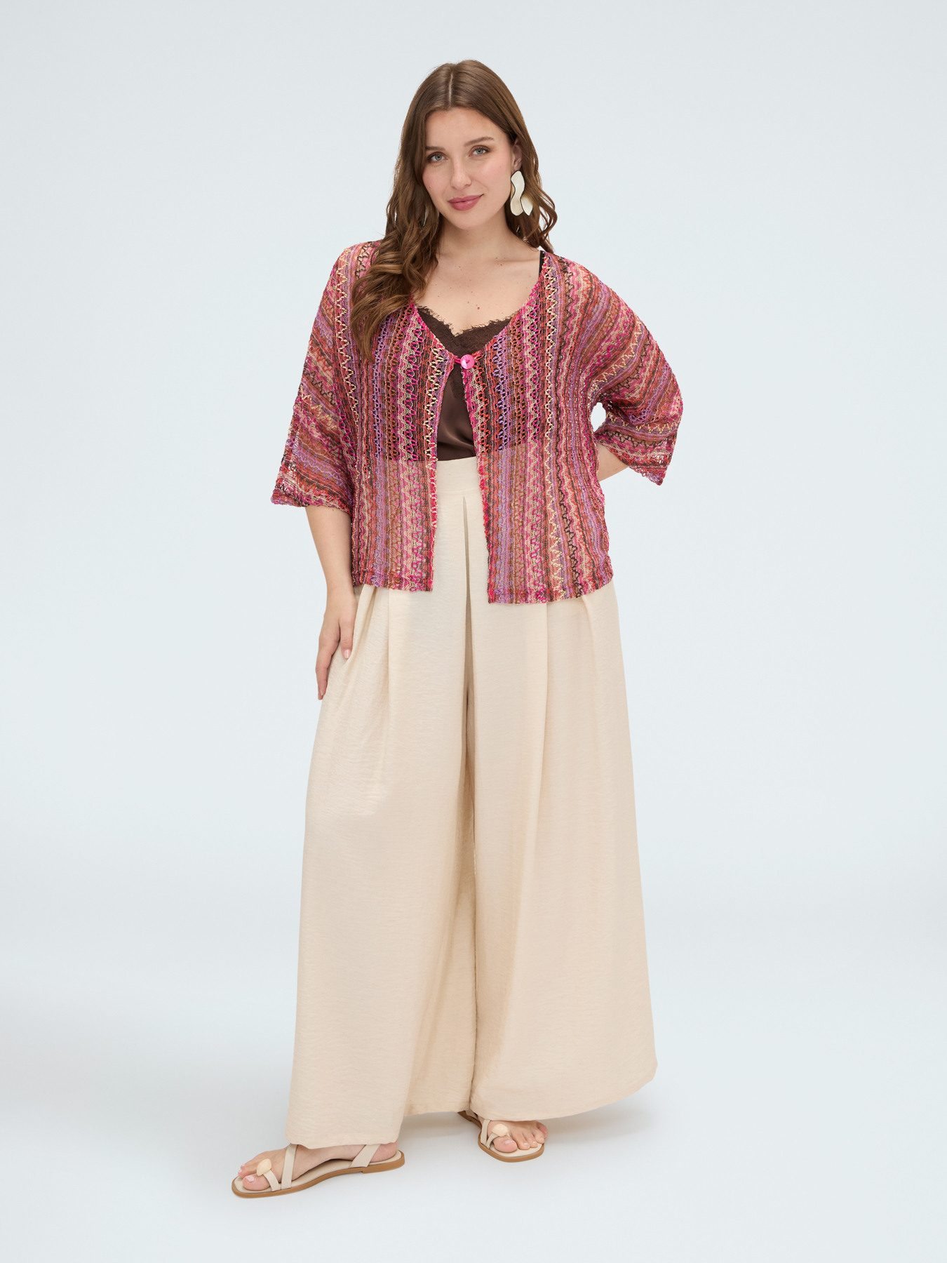 Kimono corto a rayas efecto crochet image number 3