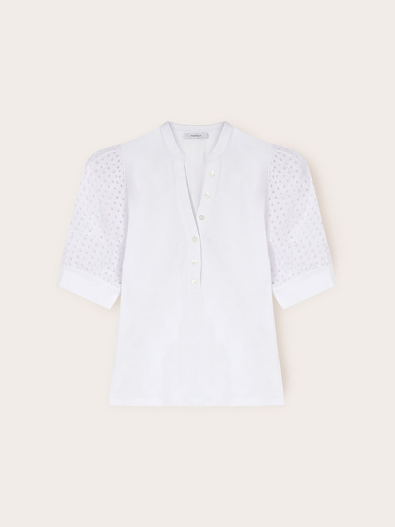 T-shirt with keyhole and broderie anglaise sleeves