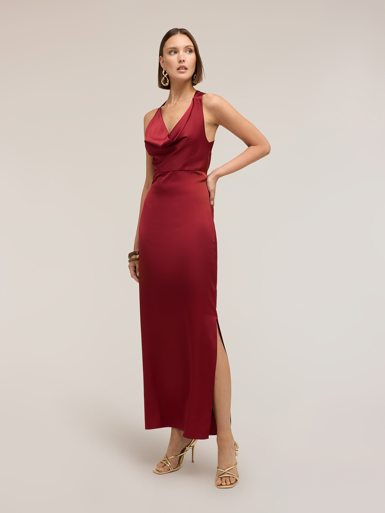 Rochie lungă din satin cu drapaj image number 0