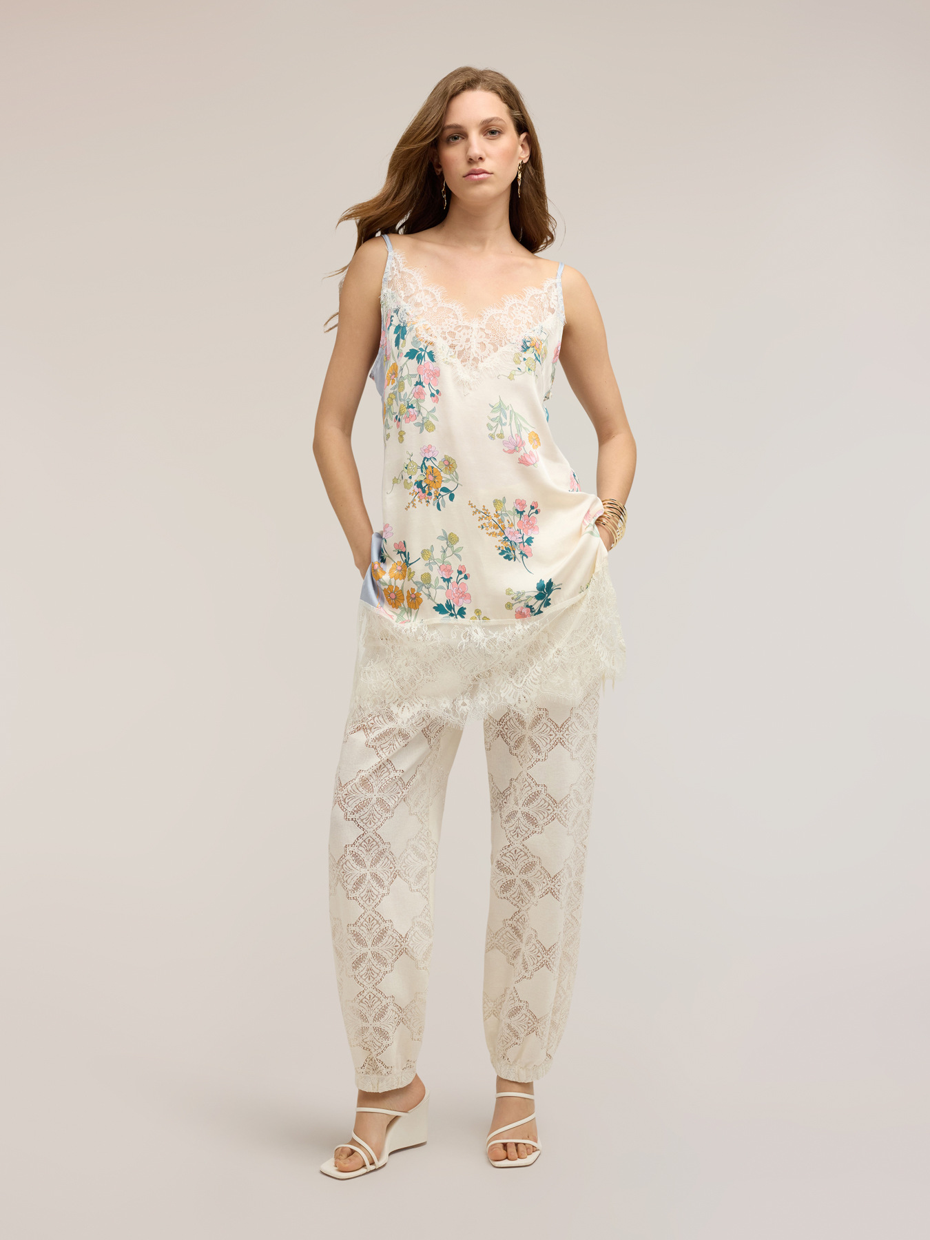 Long satin top with lace inserts image number 2