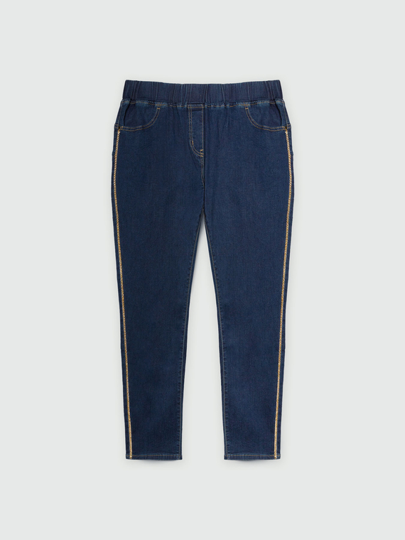 Dunkelblau gewaschene Jeggings mit goldenen Paspeln