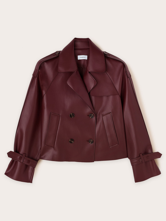 Short double-breasted trench coat in coated fabric