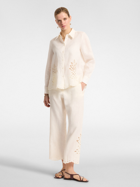 Embroidered linen cropped trousers