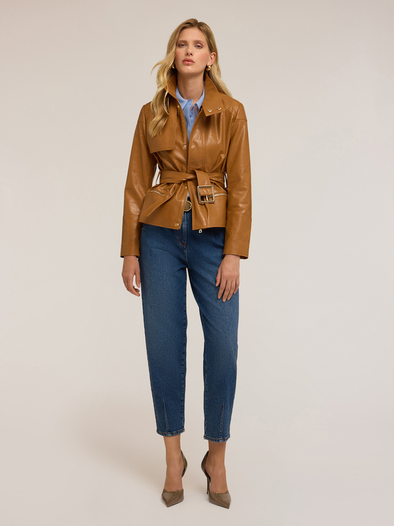 Belted jacket in coated fabric