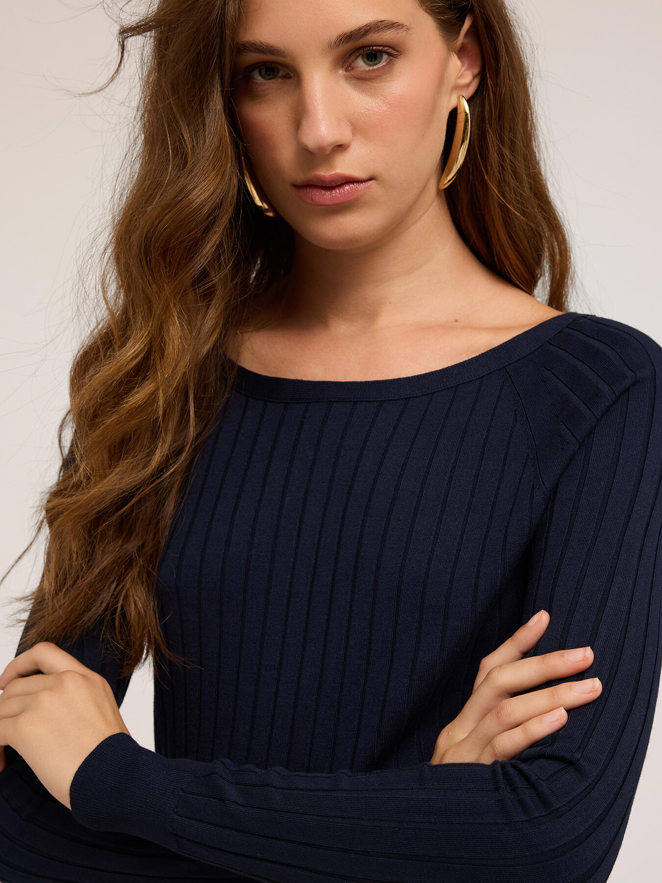 Boat neck sweater in flat rib knit image number 2