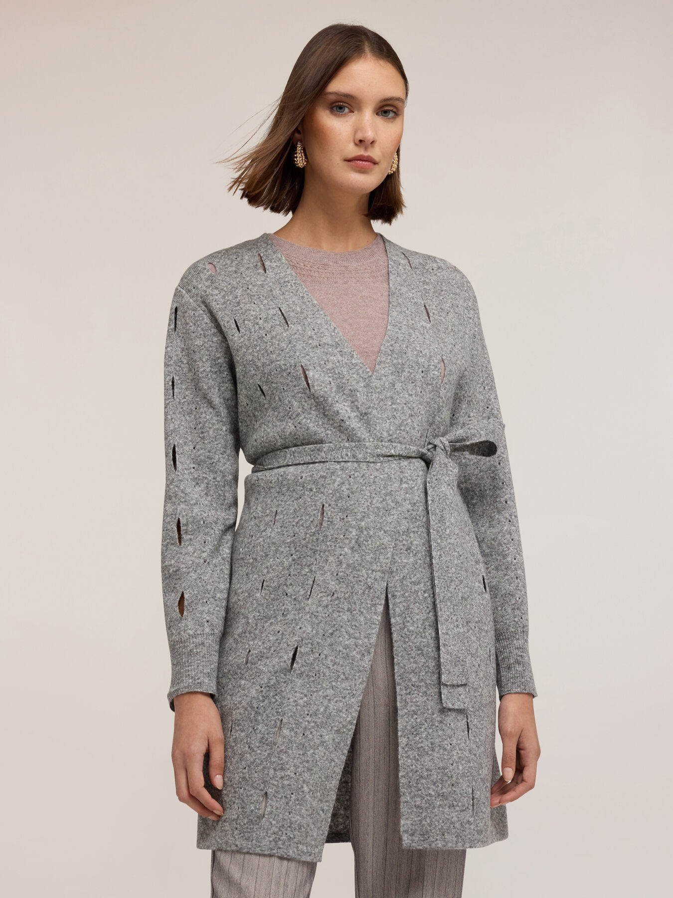 Cardigan lung din tricot cu lucrare ajour&eacute; image number 0